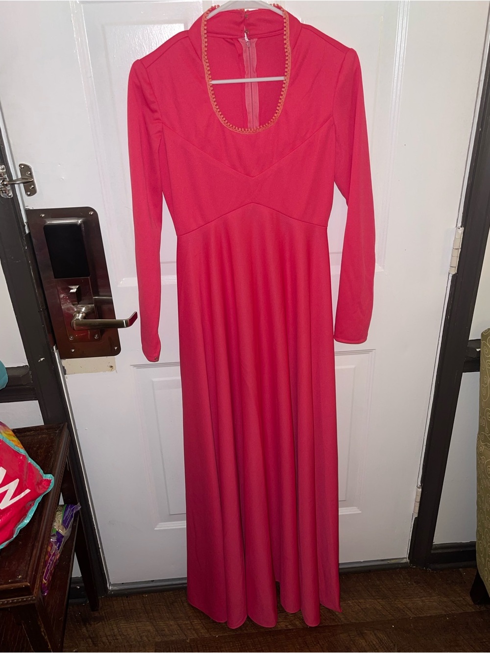 Vintage Women's Long Sleeve Maxi Dress in Bright Pink - Size 12